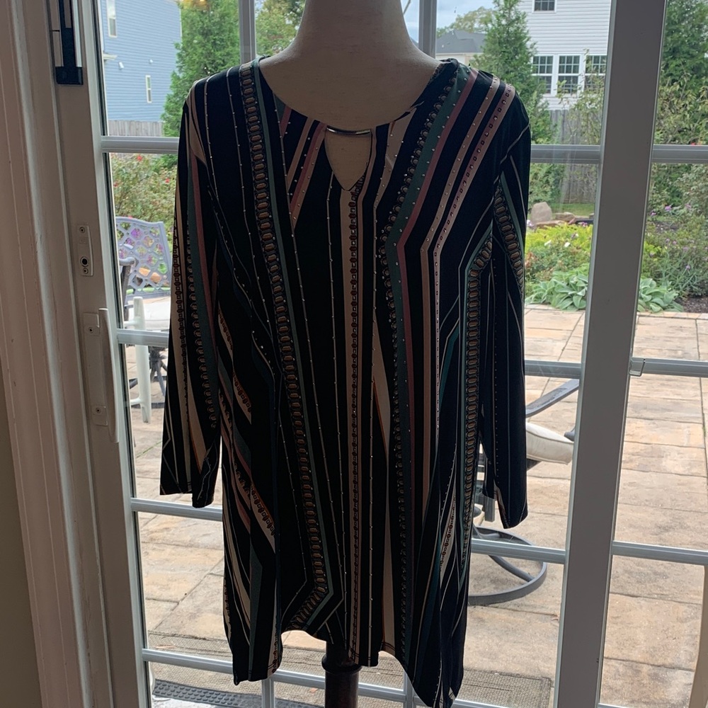 JM Collection Black Tunic with Pink and Cream Stripes
